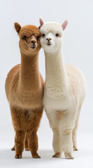 Two alpacas standing side by side isolated on white studio background
