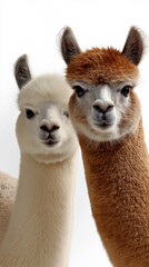 Fototapeta premium Two alpacas standing side by side isolated on white studio background