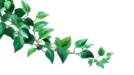 Obraz premium Green leafy vine with varied shades of green leaves extending diagonally on a white background.