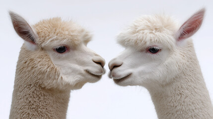Fototapeta premium Two alpacas facing each other isolated on white background with soft studio lighting
