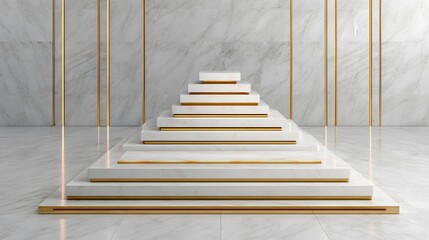 Ascending the Steps of Elegance: A minimalist geometric marble stage exudes sophistication, perfect for showcasing product with golden accents. 