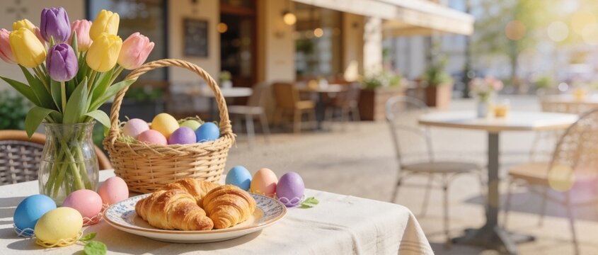 Easter breakfast table setting at an outdoor cafe with tulips and eggs. Spring holiday brunch with croissants in sunlight