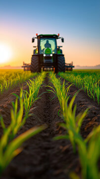 Modern tractor driving through green agricultural field at sunset with fresh crop rows