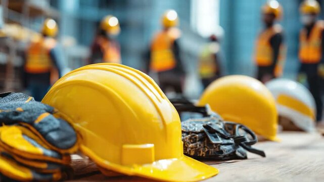 Safety First on Construction Site: A close-up shot captures an array of essential safety gear, including hard hats and gloves, signifying the importance of workplace safety and protection.