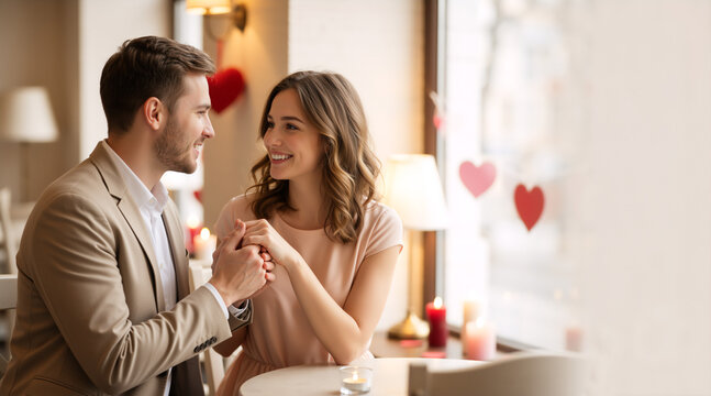 Romantic couple holding hands at cafe table on Valentine's Day. Happy man and woman on a date looking at each other. Love concept