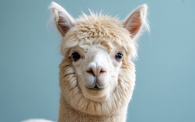 Obraz premium Charming close-up portrait of a fluffy white alpaca with curious dark eyes against a soft blue background.