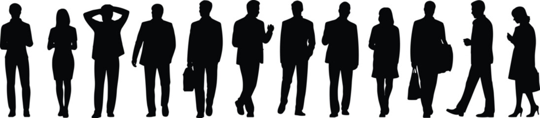 Fototapeta premium PrintBusiness professional silhouettes, corporate team, men and women, suits, dresses, briefcases, teamwork, leadership, confidence, office, career, organization, vector illustration