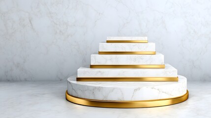 Elevated Display Stage: A luxurious, tiered pedestal stage with a marbled texture and gold accents, offering a sophisticated platform for product presentations or artistic displays. 