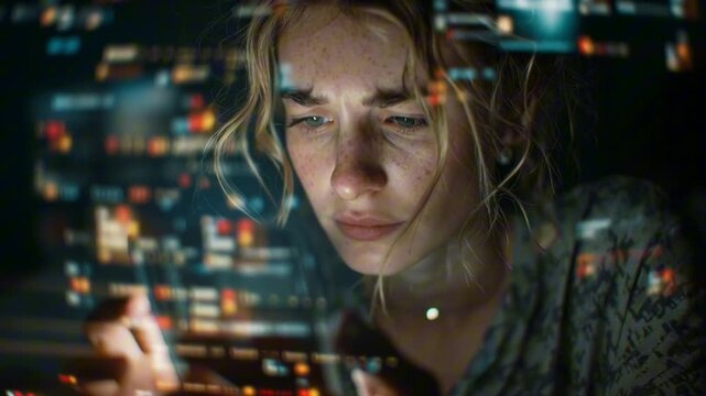 A young woman scrolling smartphone indoors, close-up on hands face, screen glow reflecting her skin, surreal endless digital feed swirling abstract notifications, floating icons, text dynamic light
