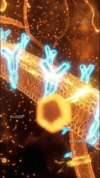Glucose hormone blood sugar insulin video receptor glowing blue structure and membrane cytoplasm molecule biology science concept of glucose molecule binding hormone receptor cell membrane blood flow