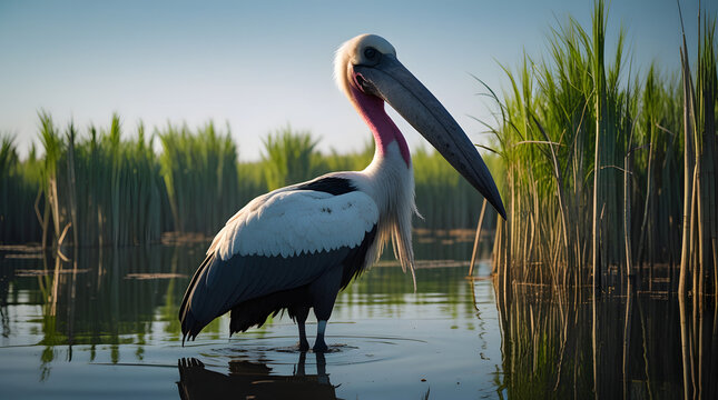 Massive Shoebill Stork Standing in a Papyrus Swamp &ndash; Striking Wildlife Portrait