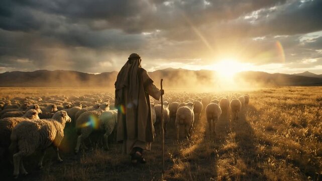 Shepherd in a traditional robe with a staff walks guiding a large flock of sheep in a grassy field at sunset illustrating pastoral life and religious biblical leadership concepts