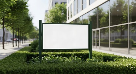 Blank white signboard on green hedge in front of modern glass building and trees on sunny day