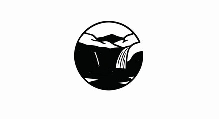 Obraz premium Stylized black and white circular emblem depicting a waterfall flowing from mountains