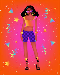 Illustration of a fashionable girl on a red and pink background.