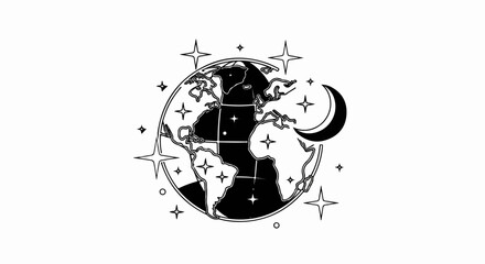 Fototapeta premium Stylized globe with crescent moon and stars in a celestial design