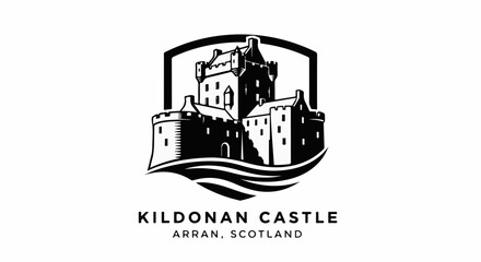 Naklejka premium Stylized black and white castle emblem with text below
