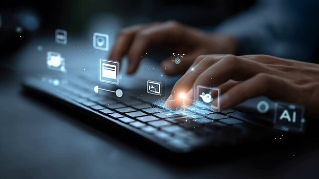 A close-up of hands typing on a keyboard with technology icons around, symbolizing digital communication, innovation, and online connectivity. Ideal for tech-themed projects.