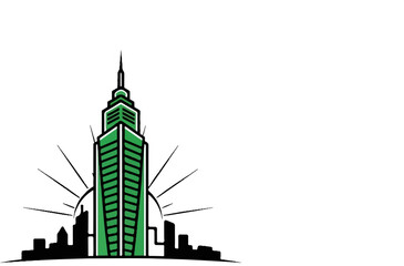Obraz premium Stylized green skyscraper with sunburst behind city skyline