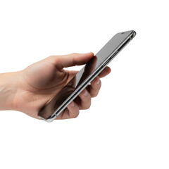 Naklejka premium A hand holding a smartphone in a portrait orientation isolated on transparent background