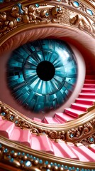 Obraz premium A close up of an eye with a spiral staircase in the background