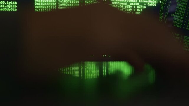 Vivid tech scene, Energetic portrayal of highspeed data processing and keyboard activity, Intense visualization of glowing screens and quick hand movements in technologically advanced setting