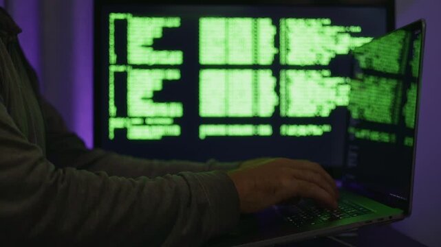 Bright cyber station with screens, Neonlit tech environment with glowing monitors, Sleek electronic work area showcasing vibrant green code and reflective screens with ambient purple lighting