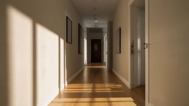 Long, sunlit hallway with wooden floorboards and framed artwork, leading to a doorway