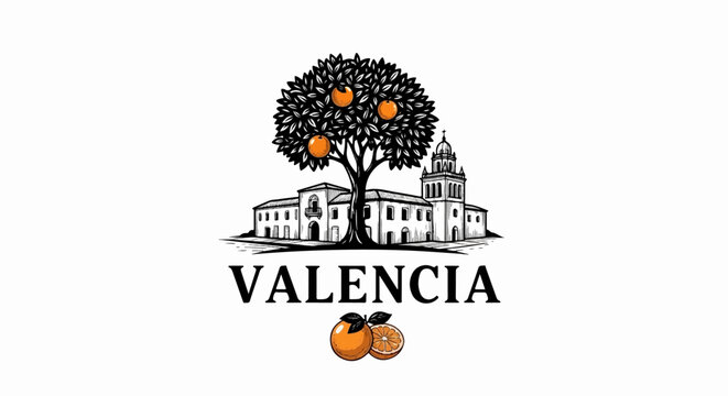 Stylized illustration of an orange tree with fruit before a building and text