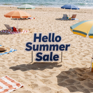 futurist, "realistic, top-down illustration of a sandy summer beach in horizontal layout for the summer sale