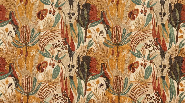 Detailed textile art depicting Australian native flora like banksia and eucalyptus