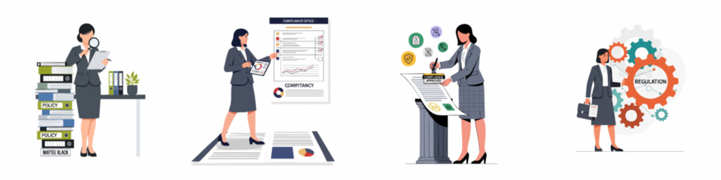 Businesswomen managing compliance, policy, and regulation through auditing, reporting, and approval processes, illustrating corporate governance and risk management.