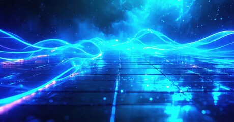 Fototapeta premium Abstract digital landscape. Glowing lines form tunnels, grids, energy flows. Dark background emphasizes vibrant blue, purple hues. Futuristic scene.