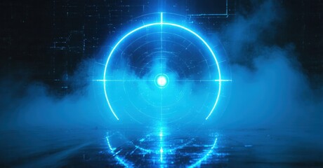 Futuristic scene. Glowing blue target dominates dark space. Smoke adds mystery, digital patterns visible. Intense focus point.