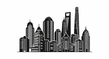 Obraz premium Stylized black and white illustration of a bustling city skyline with varied buildings