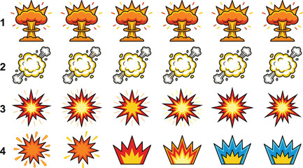 Cartoon explosion and bomb blast effect set with fire burst, smoke cloud and comic style elements vector illustration © pappa