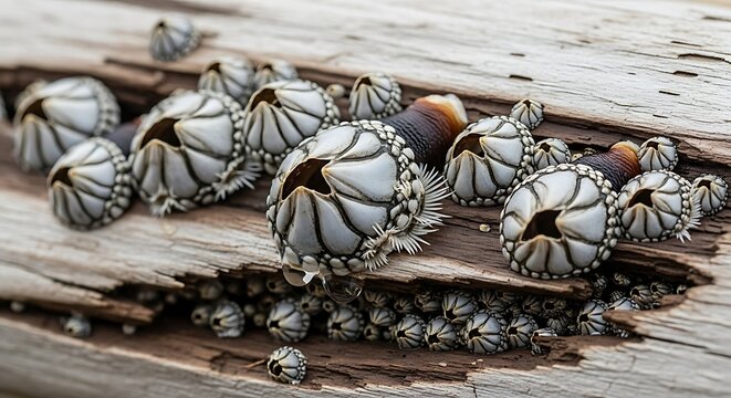 A cluster of goose barnacles attached to weathered driftwood.