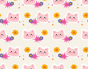 Obraz premium Printable colorful seamless pattern featuring cute kawaii pig illustrations in a playful kids style, ideal for nursery decor, textile design, packaging, stationery, and creative lifestyle products.