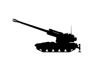 Professional black silhouette of a heavy military self-propelled howitzer isolated on a white background. Ideal for defense, army, and war-themed designs.