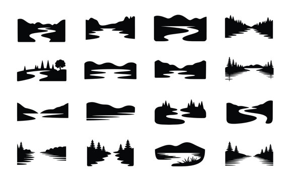 Collection of black silhouette landscape icons featuring mountains rivers and forests in various scenic compositions