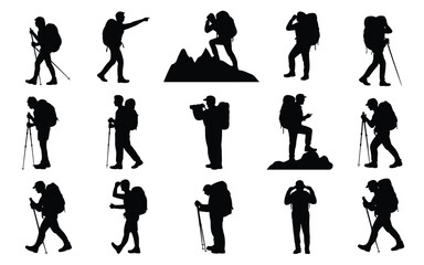 Fototapeta premium Hikers in various poses with backpacks and trekking poles on a white background for outdoor and adventure concepts
