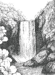 Waterfall halftone dither landscape illustration of cascading water flowing between forest cliffs and rocky terrain