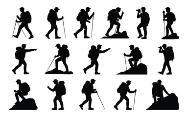 Fototapeta premium Hikers in various poses with backpacks and trekking poles on mountainous terrain in black silhouette on white background