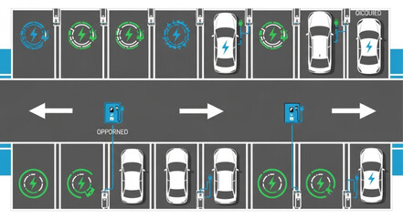 Electric vehicle charging station with cars parked in designated spots for charging.