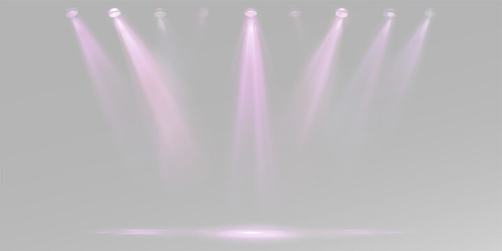 Pink lights and LED spotlights neon for concert stage. Realistic performance or disco lighting with glowing pink beams and reflections on transparent background overlay purple glow png
