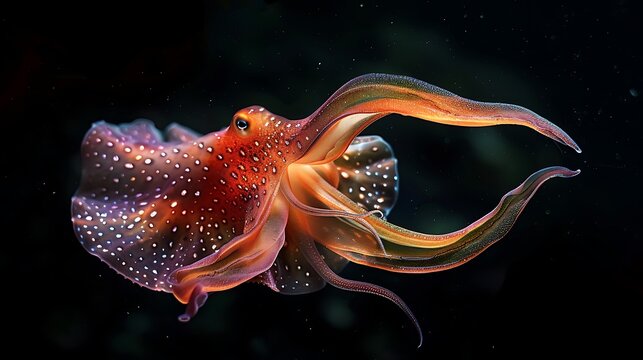 Deep sea vampire squid with bioluminescent spots, digital art