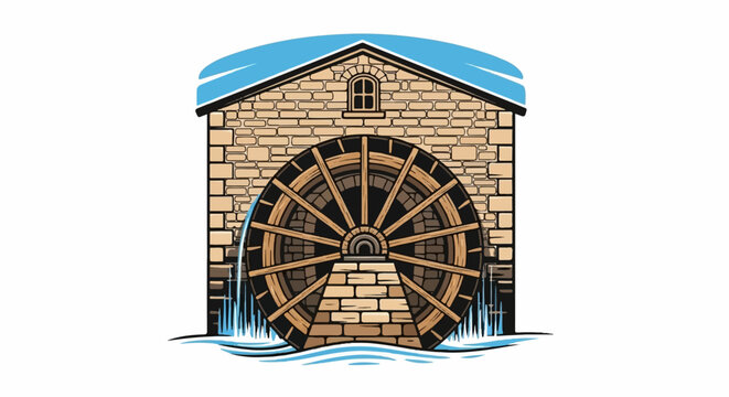 Stone millhouse with a large wooden water wheel churning water