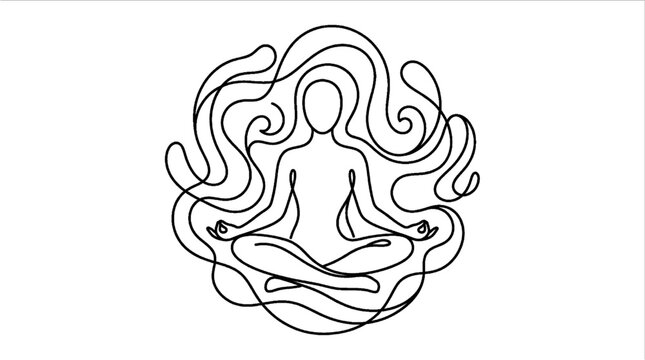 A clean and professional vector line art illustration of a person practicing meditation, symbolizing inner peace, holistic health, and digital detox for modern commercial wellness projects. (184 chara