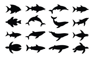 Collection of various marine animal silhouettes including fish dolphins and whales on a white background for design and educational use