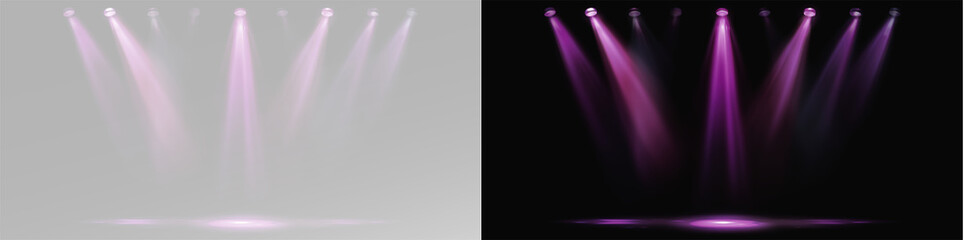 Pink lights and LED spotlights neon for concert stage. Realistic performance or disco lighting with glowing pink beams and reflections on transparent background overlay purple glow png